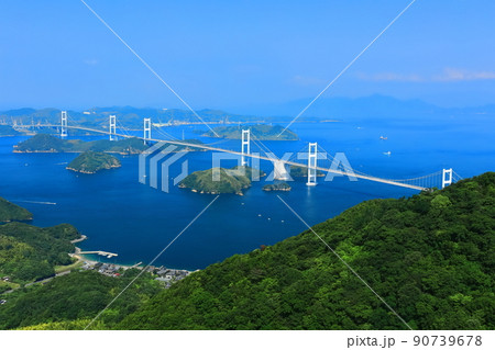 【愛媛県】快晴の来島海峡大橋の眺望（しまなみ海道） 90739678