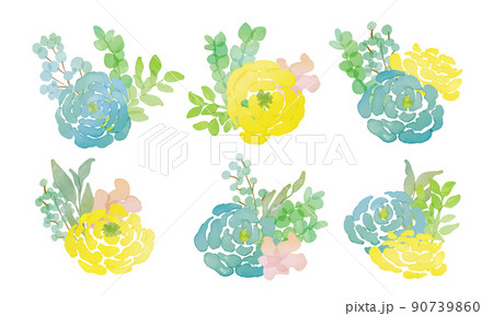 水彩画。水彩タッチの草木と花の花束。水彩で描いた薔薇と草木。 90739860