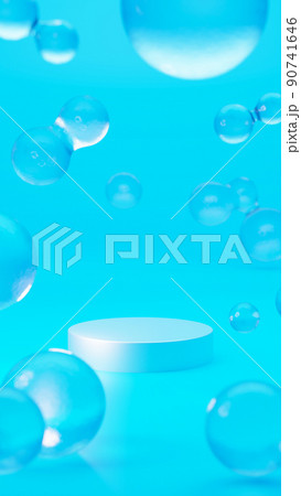 水のような抽象的な物体が複数ある空間。白い円柱の台座。鮮やかな水色（縦長）	 90741646