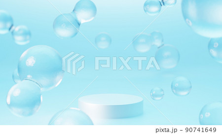 水のような抽象的な物体が複数ある空間。白い円柱の台座。無色な水(横長) 水のような抽象的な物体が複数ある空間。白い円柱の台座。無色な水(横長) 90741649