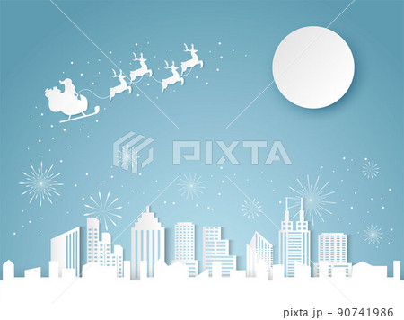 Christmas and happy new year blue vector background with Santa claus and reindeer, cityscape and fireworks celebration concept, paper art design Christmas and happy new year blue vector background with Santa claus and reindeer, cityscape and fireworks celebration concept, paper art design 90741986