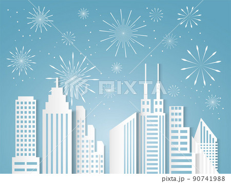 Christmas and happy new year blue vector background with cityscape and fireworks celebration concept, paper art design 90741988