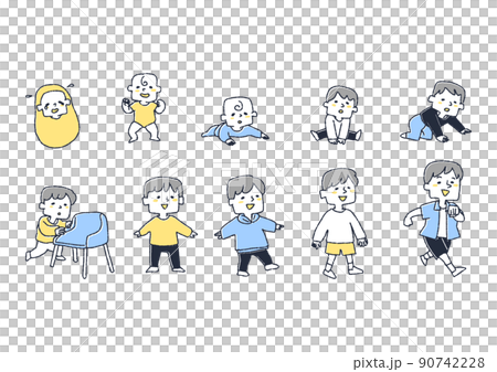 生まれた子供が成長し、立ち上がり、歩き出すまでのイラストセット 90742228