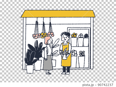 店頭で会話する花屋の店員と客　地域住民とのコミュニケーションになるお店 90742237