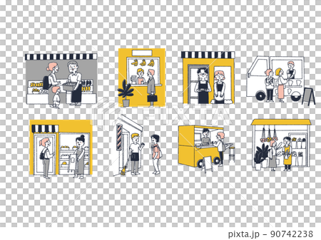 A set of shops that communicate with local residents Comical handwritten figures Vectors, line drawings and colors 90742238