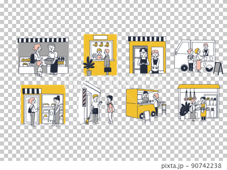 地域住民とのコミュニケーションになるお店のセット　コミカルな手書きの人物　ベクター、線画にカラー 90742238