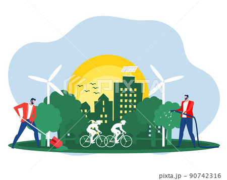 people using clean energy or ESG nature protection, nature saving conceptconcept of environmental ,plant trees to produce air making the world's environment better. 90742316