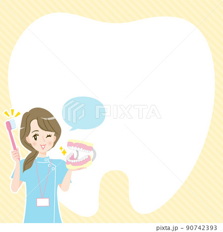 歯磨きの指導をする歯科助手　チラシ風イラスト素材 90742393