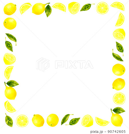 レモンと葉っぱのおしゃれな四角形フレーム フルーツの手描き水彩イラスト素材のイラスト素材