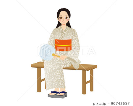 働く女性イラスト　全身　浴衣　黒髪　縁台に座る 90742657