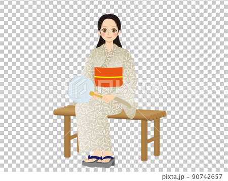 働く女性イラスト　全身　浴衣　黒髪　縁台に座る 90742657