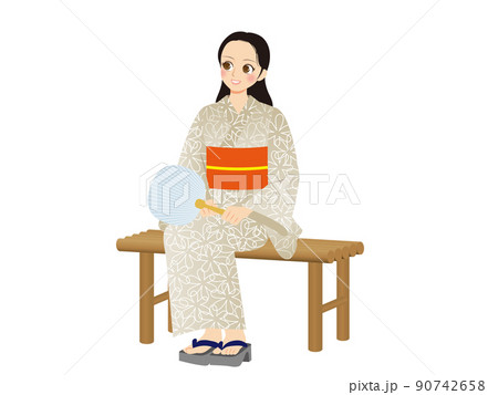 働く女性イラスト　全身　浴衣　黒髪　縁台に座る 90742658