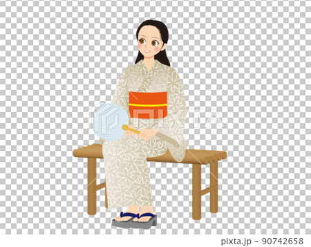 働く女性イラスト　全身　浴衣　黒髪　縁台に座る 90742658