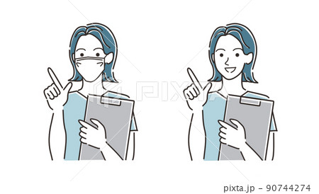 指差しで説明するマスクをした医療従事者の女性 90744274