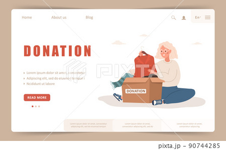 Donation landing page template. Elderly woman putting old used clothes ready to be shared or recycled to cardboard box. Volunteering and social care concept. Vector illustration in flat cartoon style Donation landing page template. Elderly woman putting old used clothes ready to be shared or recycled to cardboard box. Volunteering and social care concept. Vector illustration in flat cartoon style 90744285