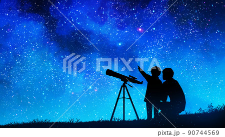天体観測をする親子のイラスト　天の川　星空背景装飾 90744569