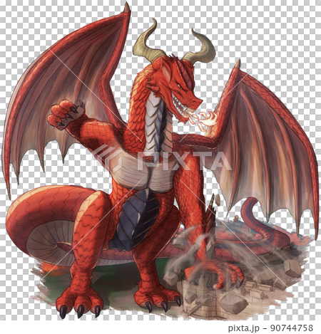 城壁を破壊する巨大な赤いドラゴンのイラスト素材 [90744758] - PIXTA