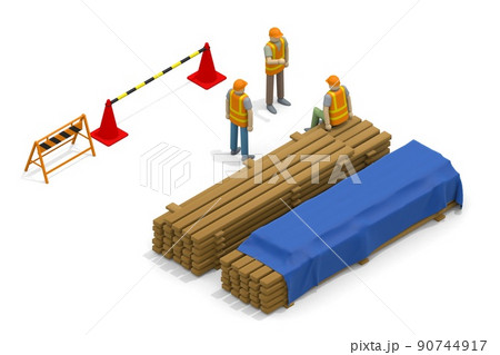 建設現場で働く人々。工事現場で休憩する作業員。男性の雑談。休憩所と建設資材。 90744917