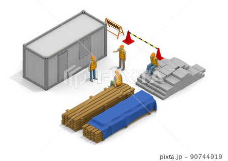 建設現場で働く人々。工事現場で休憩する作業員。男性の雑談。休憩所と建設資材。 90744919