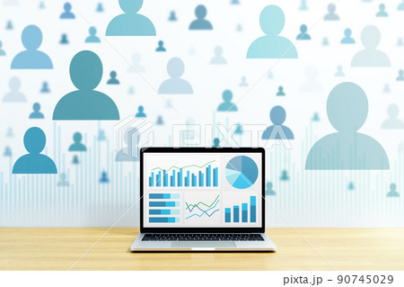 ビッグデータ解析とデータサイエンスのイメージ。多数の人型アイコンとノートパソコン。スクリーンにグラフ 90745029