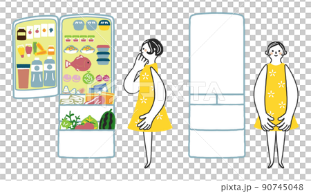 満タンに詰め込まれた冷蔵を見て試案している女性と冷蔵庫と女性 セット イラスト素材 満タンに詰め込まれた冷蔵を見て試案している女性と冷蔵庫と女性 セット イラスト素材 90745048