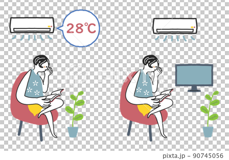 エアコンを28℃に設定した部屋で読書をしくつろぐ女性 セット イラスト素材 エアコンを28℃に設定した部屋で読書をしくつろぐ女性 セット イラスト素材 90745056