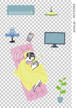 エアコンや照明のある部屋で快適な睡眠をしている女性 セット イラスト素材のイラスト素材