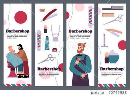 Barbershop advertising leaflet or flyer with cartoon male characters, flat vector illustration. 90745928