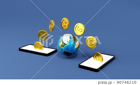 Mobile banking concept, coin moving from smartphone to other phone, 3D rendering. Element by NASA. 90746210