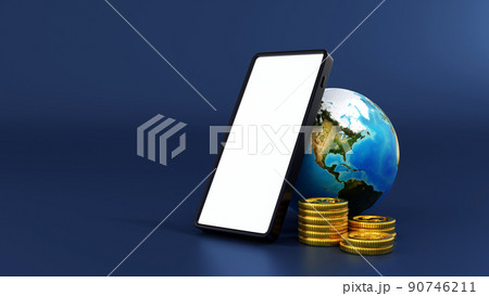Smartphone with stack of gold coins and globe earth, world business. 3D rendering. element by NASA Smartphone with stack of gold coins and globe earth, world business. 3D rendering. element by NASA 90746211