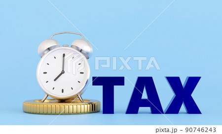 Tax time alarm clock with stack coin, tax concept, 3D rendering. Tax time alarm clock with stack coin, tax concept, 3D rendering. 90746243