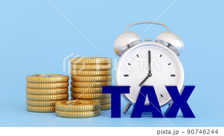 Tax time alarm clock with stack coin, tax concept, 3D rendering. Tax time alarm clock with stack coin, tax concept, 3D rendering. 90746244