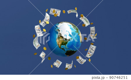 Gold coin and banknote around the globe earth, world business, element by NASA, 3D rendering. 90746251