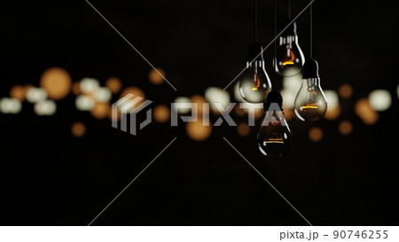 Hanging light bulbs outdoor party, thin focus, night life festival concept, 3D rendering. 90746255