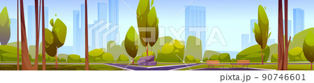 City park with trees, wooden benches, paths 90746601