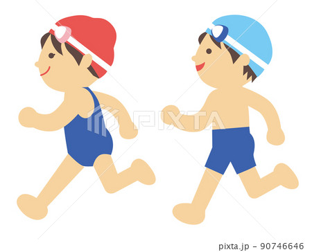 スクール水着を着て嬉しそうに走る男の子と女の子 スクール水着を着て嬉しそうに走る男の子と女の子 90746646