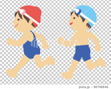 スクール水着を着て嬉しそうに走る男の子と女の子 スクール水着を着て嬉しそうに走る男の子と女の子 90746646