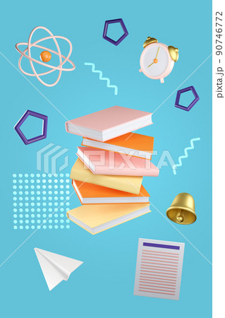 3d education concept poster for university and school. Stack of the books, alarm clock, bell, paper plane, atom and note flying on blue background. Realistic 3d high quality render 3d education concept poster for university and school. Stack of the books, alarm clock, bell, paper plane, atom and note flying on blue background. Realistic 3d high quality render 90746772