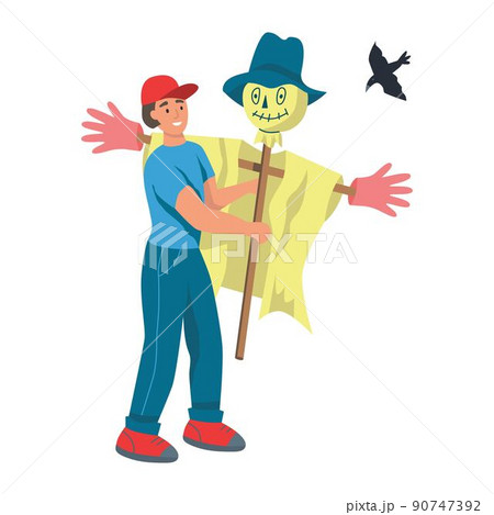 Gardening on the farm. A young man works in the garden, the farmer sets up a Scarecrow from birds. Flat cartoon vector illustration. Gardening on the farm. A young man works in the garden, the farmer sets up a Scarecrow from birds. Flat cartoon vector illustration. 90747392