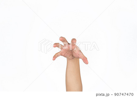 Asian male's hand opens palm and post like a animal claw in studio light isolated white background with clipping path. 90747470