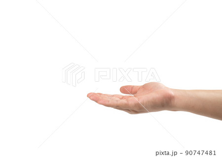 Asian man hand is handing up to receive somthing on white background. Clipping path 90747481