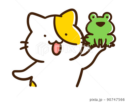 カエルを掲げるかわいいねこのデフォルメイラスト カエルを掲げるかわいいねこのデフォルメイラスト 90747566