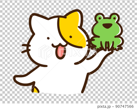 カエルを掲げるかわいいねこのデフォルメイラスト カエルを掲げるかわいいねこのデフォルメイラスト 90747566