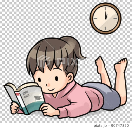 夜更かしして本を読む女の子のイラスト素材