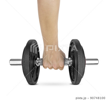 Hand holding dumbbell on isolated white background 90748100