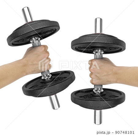 Hand holding dumbbell on isolated white background Hand holding dumbbell on isolated white background 90748101