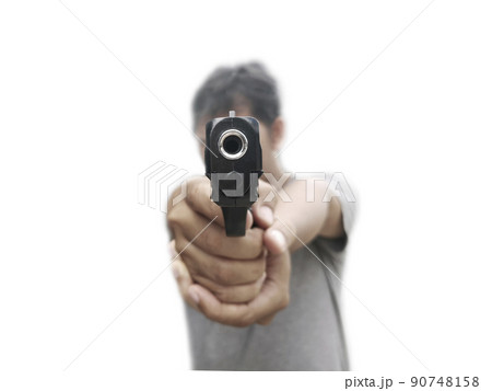Man holding a gun in his hand with white background Man holding a gun in his hand with white background 90748158