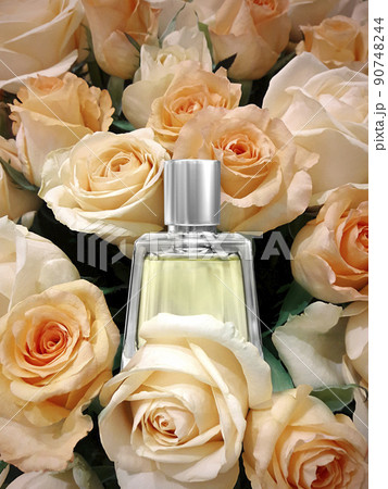 Perfume bottle on roses wall background colorful 90748244