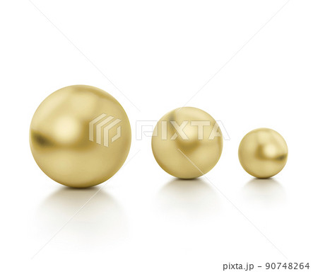 Realistic glossy chromium gold ball with glares and reflection on white. 3d render 90748264