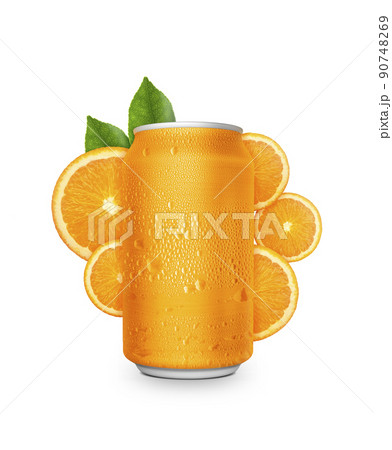 Aluminum orange soda can with fruits on white background Aluminum orange soda can with fruits on white background 90748269